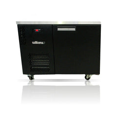 Williams Boronia - One Door Black Under Counter Display Refrigerator on a crisp white background with mirrored reflection