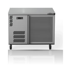 Williams Boronia - One Door Satinless Steel Under Counter Display Refrigerator on a crisp white background with mirrored reflection