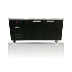 Williams Boronia - 2 door Black Under Counter Display Refrigerator on a crisp white background with mirrored reflection