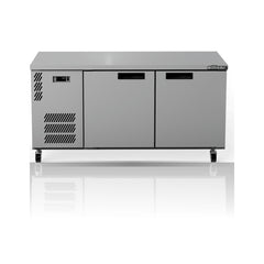 Williams Boronia - 2 door Stainless Steel Under Counter Display Refrigerator on a crisp white background with mirrored reflection