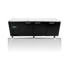 Williams Boronia - 3 door Black Under Counter Display Refrigerator on a crisp white background with mirrored reflection