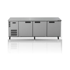 Williams Boronia - 3 door Stainless Steel Under Counter Display Refrigerator on a crisp white background with mirrored reflection