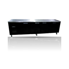 Williams Boronia - 4 door Black Under Counter Display Refrigerator on a crisp white background with mirrored reflection