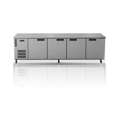 Williams Boronia - 4 door Stainless Steel Under Counter Display Refrigerator on a crisp white background with mirrored reflection
