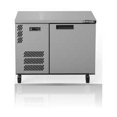 Williams Boronia - One Door Stainless Steel Under Counter Display Refrigerator on a crisp white background with mirrored reflection