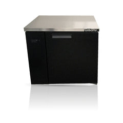 Williams Boronia - One Door Black Remote Back Bar Counter Display Refrigerator on a crisp white background with mirrored reflection
