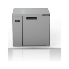 Williams Boronia - One Door Stainless Steel Remote Back Bar Counter Display Refrigerator on a crisp white background with mirrored reflection