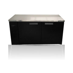 Williams Boronia - 2 door Black Remote Back Bar Counter Display Refrigerator on a crisp white background with mirrored reflection