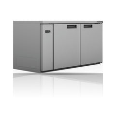 Williams Boronia - 2 door Stainless Steel Remote Back Bar Counter Display Refrigerator on a crisp white background with mirrored reflection