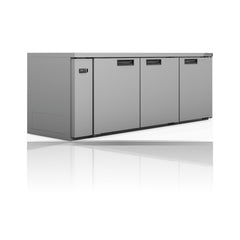Williams Boronia - 3 door Black Remote Back Bar Counter Display Refrigerator on a crisp white background with mirrored reflection