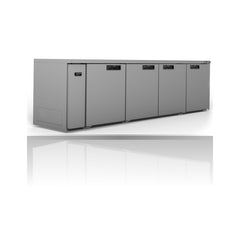 Williams Boronia - 4 door Black Remote Back Bar Counter Display Refrigerator on a crisp white background with mirrored reflection