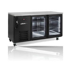 Williams Cameo Mini - 2 door Black Under Counter Display Refrigerator on a crisp white background with mirrored reflection