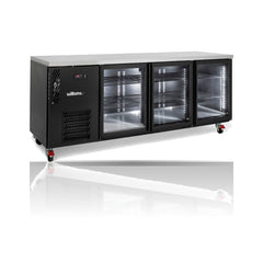 Williams Cameo Mini - 3 door Black Under Counter Display Refrigerator on a crisp white background with mirrored reflection