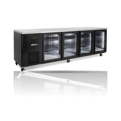 Williams Cameo Mini - 4 door Black Under Counter Display Refrigerator on a crisp white background with mirrored reflection