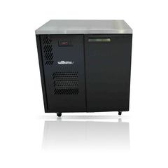Williams Cameo - One Door Black Under Counter Display Refrigerator on a crisp white background with mirrored reflection