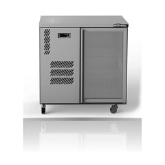 Williams Cameo - One Door Stainless Steel Under Counter Display Refrigerator on a crisp white background with mirrored reflection