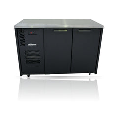 Williams Cameo - 2 door Black Under Counter Display Refrigerator on a crisp white background with mirrored reflection