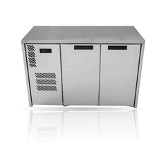 Williams Cameo - 2 door Stainless Steel Under Counter Display Refrigerator on a crisp white background with mirrored reflection
