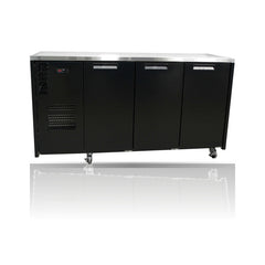 Williams Cameo - 3 door Black Under Counter Display Refrigerator on a crisp white background with mirrored reflection