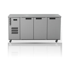 Williams Cameo - 3 door Stainless Steel Under Counter Display Refrigerator on a crisp white background with mirrored reflection
