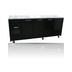 Williams Cameo - 4 door Black Under Counter Display Refrigerator on a crisp white background with mirrored reflection