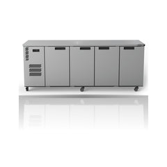 Williams Cameo - 4 door Stainless Steel Under Counter Display Refrigerator on a crisp white background with mirrored reflection