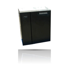 Williams Cameo - One Door Black Remote Back Bar Counter Display Refrigerator on a crisp white background with mirrored reflection