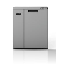 Williams Cameo - One Door Stainless Steel Remote Back Bar Counter Display Refrigerator on a crisp white background with mirrored reflection