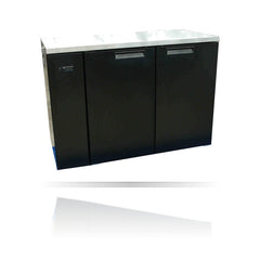 Williams Cameo - 2 Door Black Remote Back Bar Counter Display Refrigerator on a crisp white background with mirrored reflection