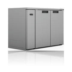 Williams Cameo - 2 Door Stainless Steel Remote Back Bar Counter Display Refrigerator on a crisp white background with mirrored reflection
