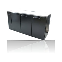 Williams Cameo - 3 Door Black Remote Back Bar Counter Display Refrigerator on a crisp white background with mirrored reflection