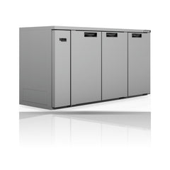 Williams Cameo - 3 Door Stainless Steel Remote Back Bar Counter Display Refrigerator on a crisp white background with mirrored reflection
