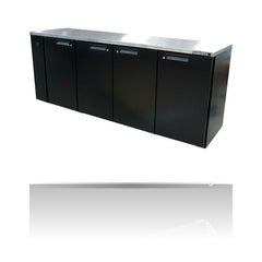 Williams Cameo - 4 Door Black Remote Back Bar Counter Display Refrigerator on a crisp white background with mirrored reflection