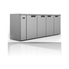 Williams Cameo - 4 Door Stainless Steel Remote Back Bar Counter Display Refrigerator on a crisp white background with mirrored reflection