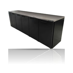 Williams Cameo - 5 Door Black Remote Back Bar Counter Display Refrigerator on a crisp white background with mirrored reflection