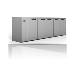 Williams Cameo - 5 Door Stainless Steel Remote Back Bar Counter Display Refrigerator on a crisp white background with mirrored reflection