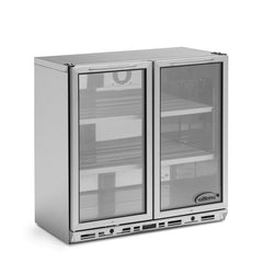 Stainless steel refrigerator with glass doors on a white background