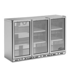 Three-door commercial refrigerator with glass doors on a white background