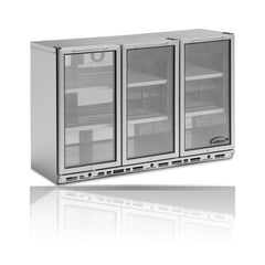 Williams Bottle Cooler 3 Door Stainless Steel Bottle Cooler on a crisp white background with mirrored reflection