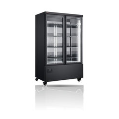 Williams Topaz Upright - 2 Door Upright Display Refrigerator on a crisp white background with mirrored reflection