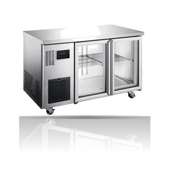 Williams Topaz Under Counter - 2 Door Stainless Under Counter Glass Door Refrigerator on a crisp white background with mirrored reflection