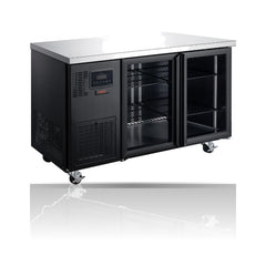 Williams Topaz Under Counter - 2 Door Black Under Counter Glass Door Refrigerator on a crisp white background with mirrored reflection