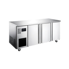 Stainless steel refrigerator with three doors on a white background