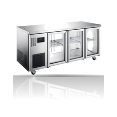 Williams Topaz Under Counter - 3 Door Stainless Under Counter Glass Door Refrigerator on a crisp white background with mirrored reflection