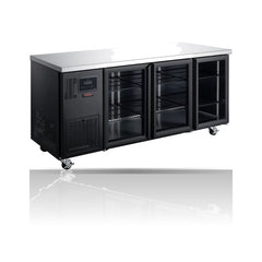 Williams Topaz Under Counter - 3 Door Black Under Counter Glass Door Refrigerator on a crisp white background with mirrored reflection
