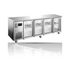Williams Topaz Under Counter - 4 door Stainless Under Counter Glass Door Refrigerator on a crisp white background with mirrored reflection