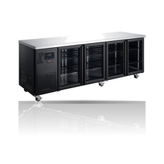 Williams Topaz Under Counter - 4 door Black Under Counter Glass Door Refrigerator on a crisp white background with mirrored reflection