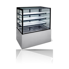 Williams Topaz Cake Display - 1500mm Three Tier (Plus Base) Free Standing Refrigerated Cake Display on a crisp white background with mirrored reflection