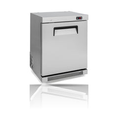 Williams Topaz Compact - One Door Counter Stainless Steel compact solid door Refrigerator on a crisp white background with mirrored reflection
