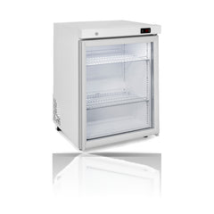 Williams Topaz Compact - One Door Counter White compact glass door Refrigerator on a crisp white background with mirrored reflection